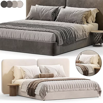Modern Double Bed Interior With Upholstered Headboard Plush Pillows Textured Blanket And Nightstand 3d model