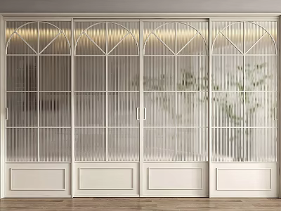 Elegant White Sliding Doors With Arched Tops Ribbed Glass And Glass Panes Design 3d model