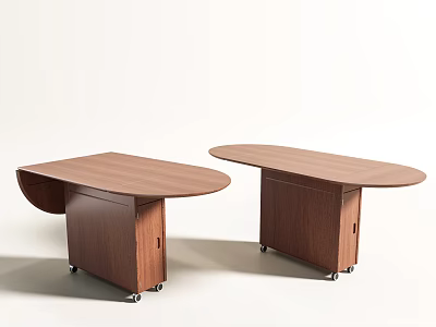 Brown Wooden Oval Shaped Dining Tables With Cabinet Base And Wheels 3d model