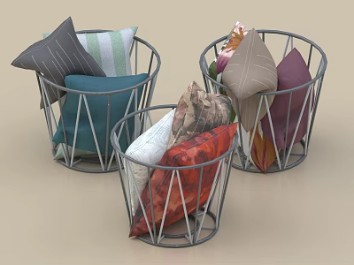 Colorful Decorative Pillows In Metal Storage Baskets With Geometric Design For Household Use 3d model