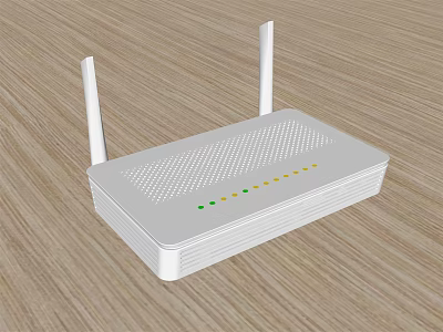 White Wireless Router With Dual Antennas And Indicator Lights On Wooden Surface 3d model