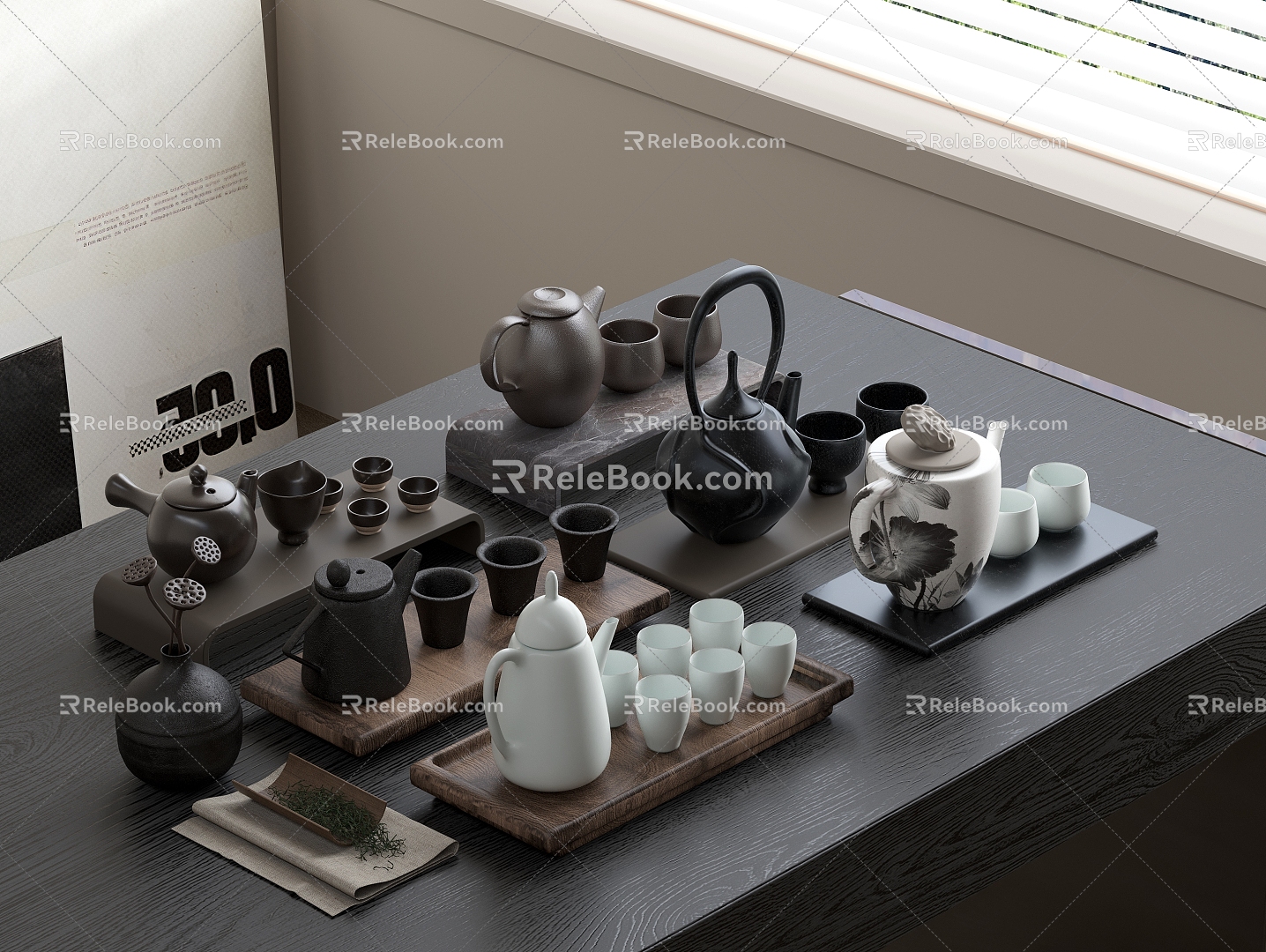 Middle ancient style tea set teapot teacup clay pot tray 3d model