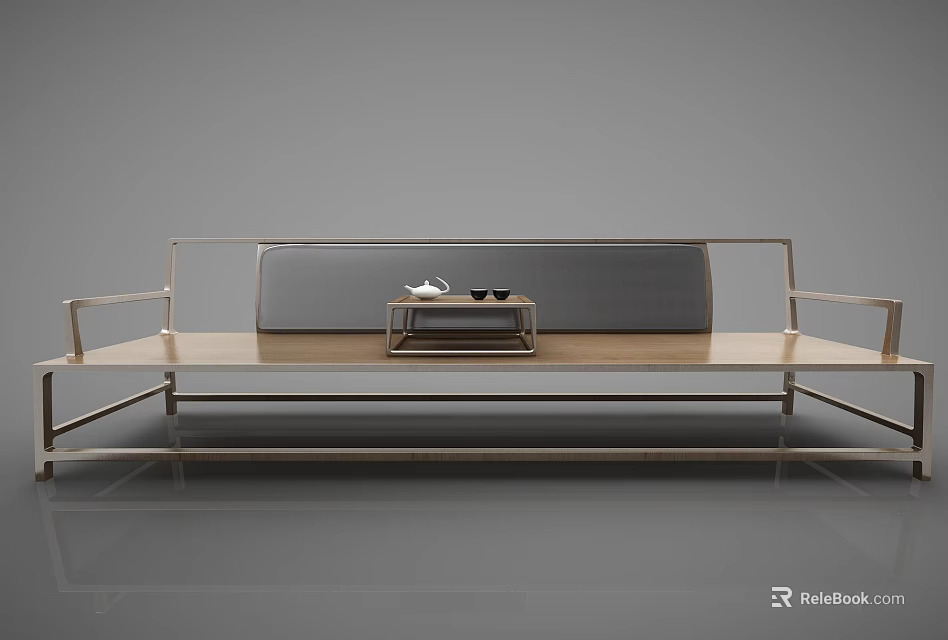 Modern Arhat Bed Design With Metal Frame Upholstered Backrest And Small Tea Table 3d model 