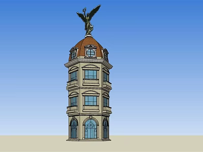 Classic European Style Tower With Red Dome Statue And Arched Doors 3d model