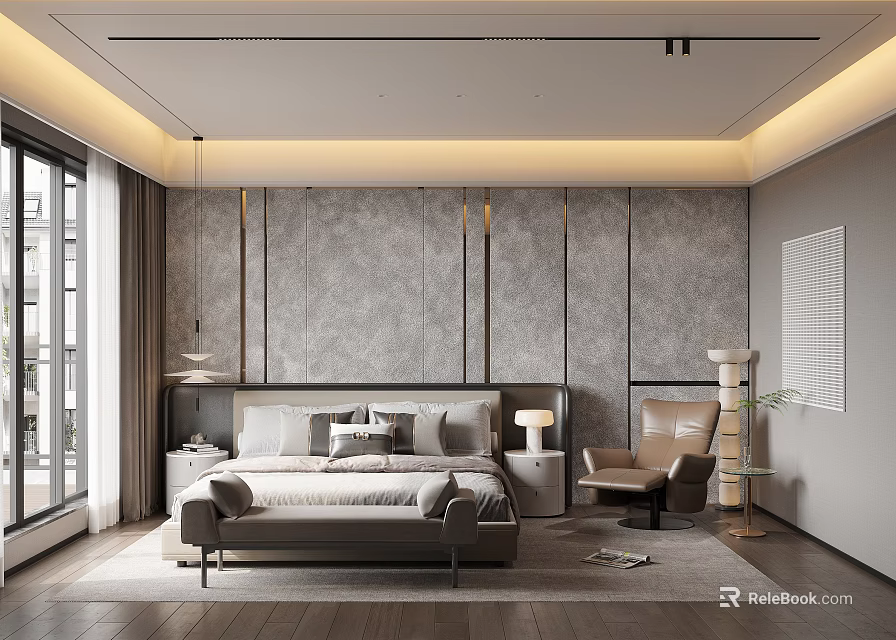 Modern Elegant Bedroom Interior Design With Gray Textured Accent Wall And Armchair 3d model 