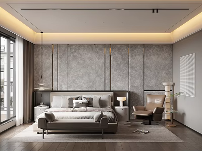 Modern Elegant Bedroom Interior Design With Gray Textured Accent Wall And Armchair 3d model