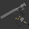 Detailed View Of Silver Handgun With Magazine And Bullets On Dark Surface