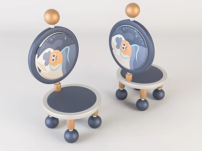 Cute Kids Chair with Round Back Cartoon Design Wooden Legs and Blue Foot Pads 3d model