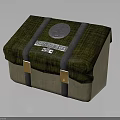 Green Fabric Storage Case With Beige Base Metal Buckles And Circular Blue Logo