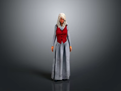 3D Female Character With Long White Hair Red Vest And Gray Dress 3d model
