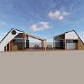 Modern Architecture Design Featuring Sloped Roofs Stone Walls Large Glass Windows Terrace With Tables Chairs