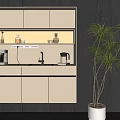 Modern Beige Kitchen Sideboard With Countertop Faucet Coffee Machine And Glass Bottles