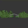 Modern Greenhouse Structure with Metal Frame and Glass Roof Surrounded by Trees
