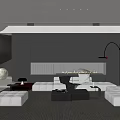 Contemporary Living Room Interior With Dark Wall Fireplace Sofa And Area Rug