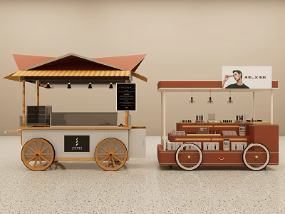 Functional Mobile Food Carts With Orange Roof Wooden Design HELLO TEA Sign And Beverage Equipment 3d model
