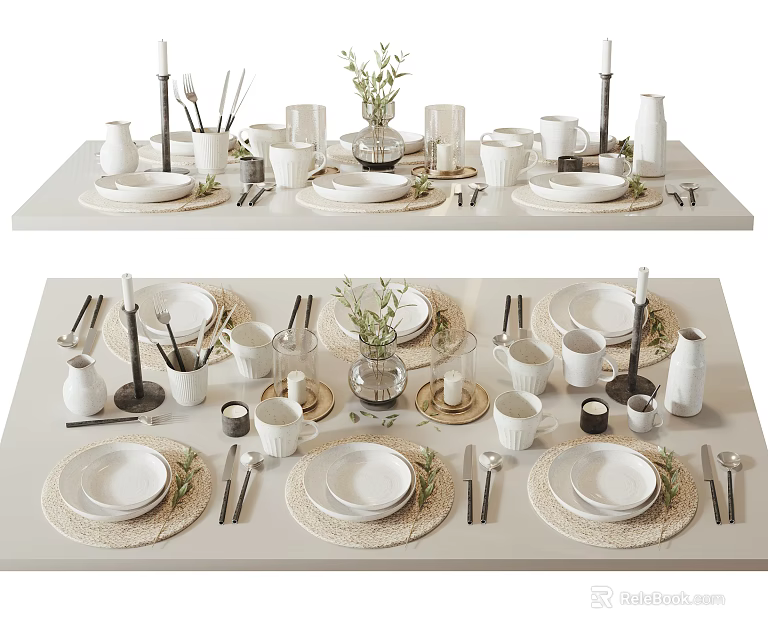 Elegant Modern Tableware Set With White Plates Mugs Cutlery Placemats And Candle Holders 3d model 