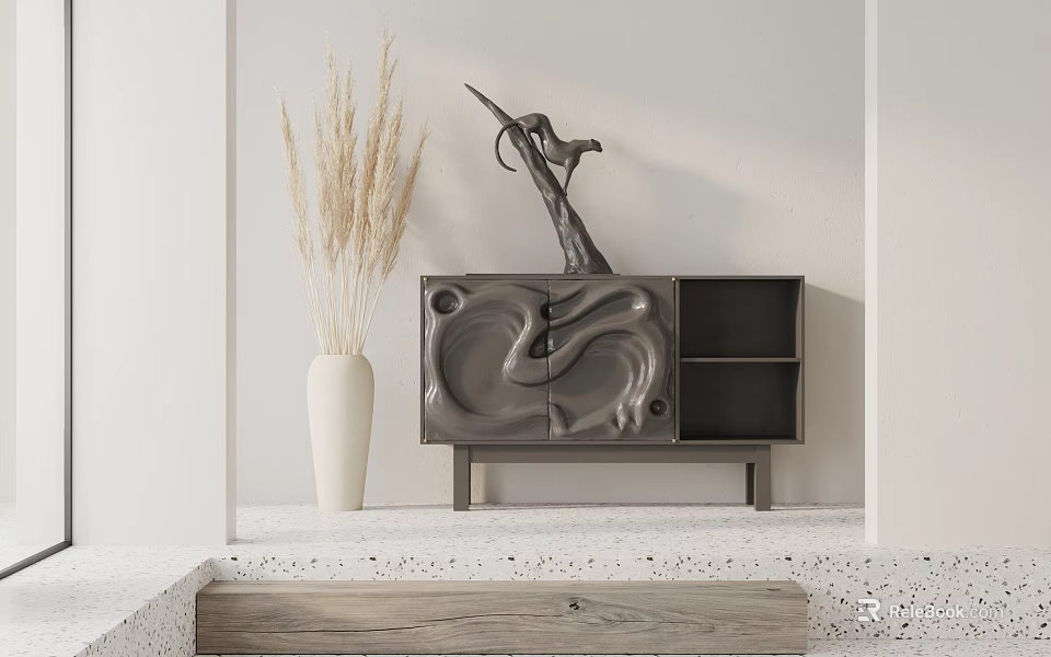 Modern Entryway Console Cabinet With White Vase Dried Pampas Grass And Textured Design 3d model 