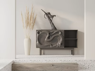 Modern Entryway Console Cabinet With White Vase Dried Pampas Grass And Textured Design 3d model
