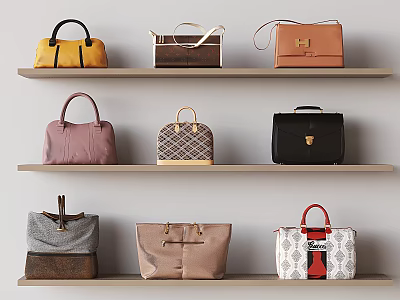 Assorted Stylish Handbags Displayed On Wooden Shelves In Various Colors And Designs 3d model