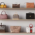 Assorted Stylish Handbags Displayed On Wooden Shelves In Various Colors And Designs