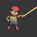 Child Wearing Red Cap And Striped Shirt Pointing With Baseball Bat And Backpack