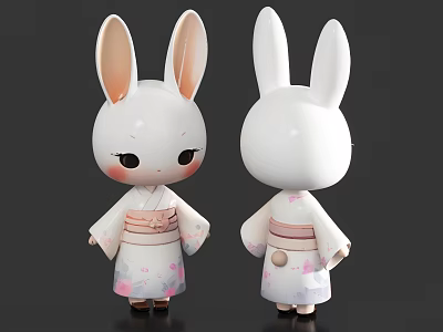 Cute Bunny Doll Wearing Traditional Kimono With Pink Cherry Blossom Patterns 3d model