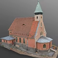 Rural Church Building With Orange Walls Red Tiled Roof Green Steeple And Arched Windows