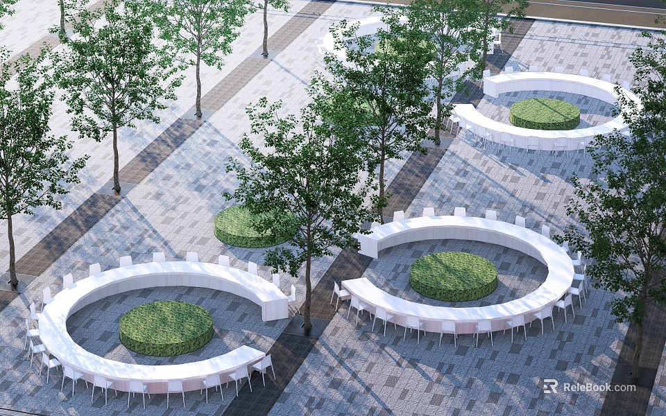 Circular White Landscape Seats With Green Lawns And Trees In Plaza Design 3d model 