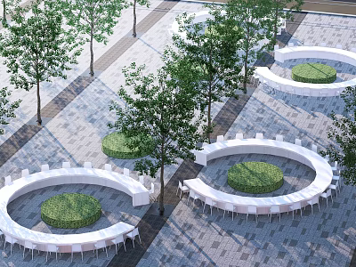 Circular White Landscape Seats With Green Lawns And Trees In Plaza Design 3d model