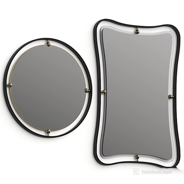 Modern Round And Irregular Shape Mirrors With Black Frame And Metal Accents 3d model 