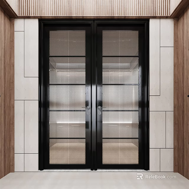 Modern Black Frame Double Doors With Grid Glass Light Walls And Wooden Accents 3d model 