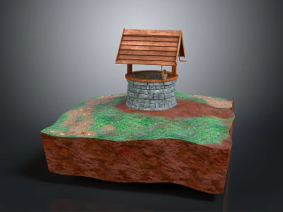 Traditional Well Structure With Wooden Roof Stone Base And Green Grass On Reddish Brown Platform 3d model