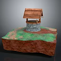 Traditional Well Structure With Wooden Roof Stone Base And Green Grass On Reddish Brown Platform