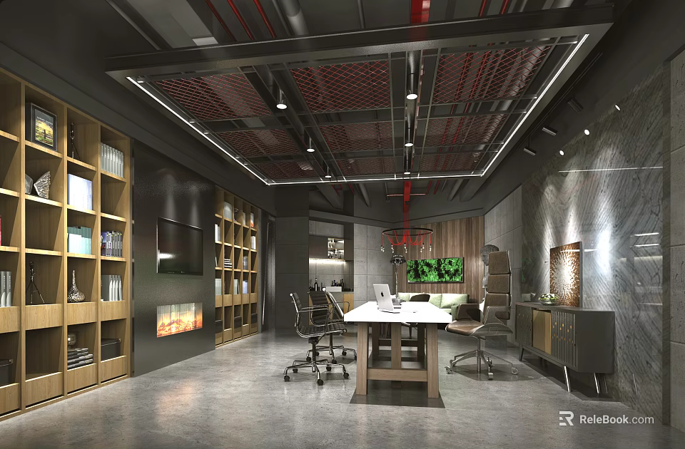Modern Office Interior with Wooden Bookshelves Desk Chairs Concrete Floor Red Accent Ceiling Lighting 3d model 