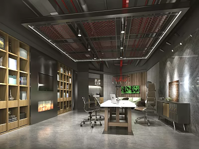 Modern Office Interior with Wooden Bookshelves Desk Chairs Concrete Floor Red Accent Ceiling Lighting 3d model