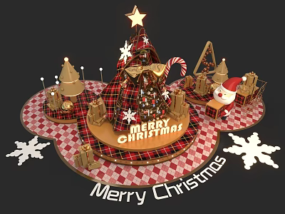 Christmas Photo Spot With Decorated Tree Star Snowflakes And Merry Christmas Sign 3d model