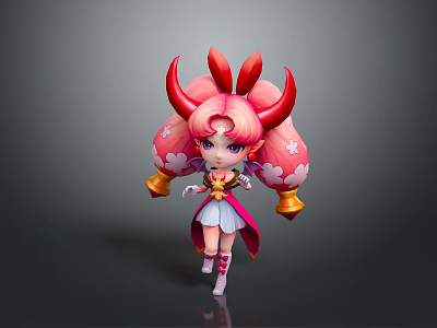 Cute 3D Cartoon Character With Pink Hair Red Horns White Dress And Golden Bells 3d model
