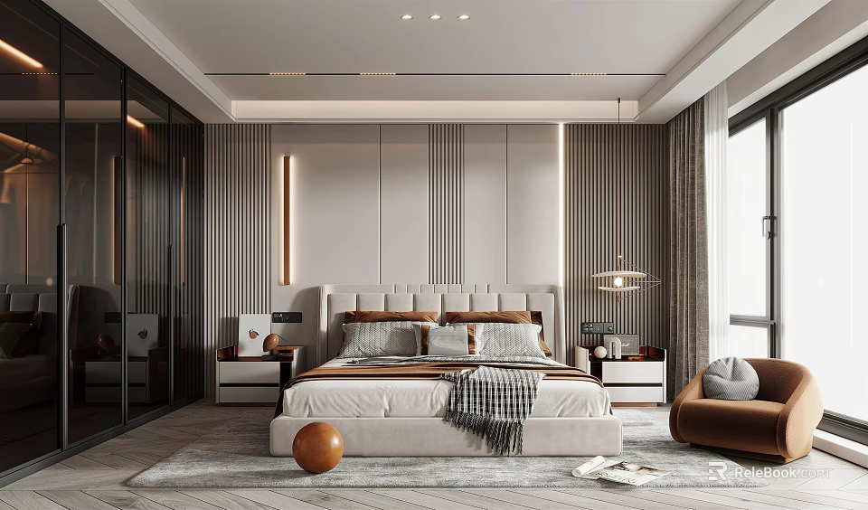 Modern Bedroom Interior Design With Accent Wall Bed Nightstands Table Lamp And Chair 3d model 