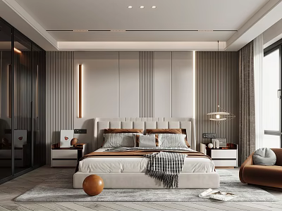 Modern Bedroom Interior Design With Accent Wall Bed Nightstands Table Lamp And Chair 3d model