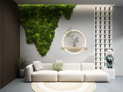Stylish Leisure Area With White Sofa Green Moss Wall Circular Shelf Round Rug And Lattice 3d model