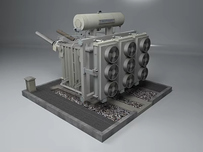 Industrial Transformer Equipment With Multiple Cooling Fans And Top Cylindrical Component On Gravel Base Platform 3d model