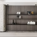 Modern Wall Mounted Shelving Unit with Metal Frame Books Decorative Items on Wooden Backdrop