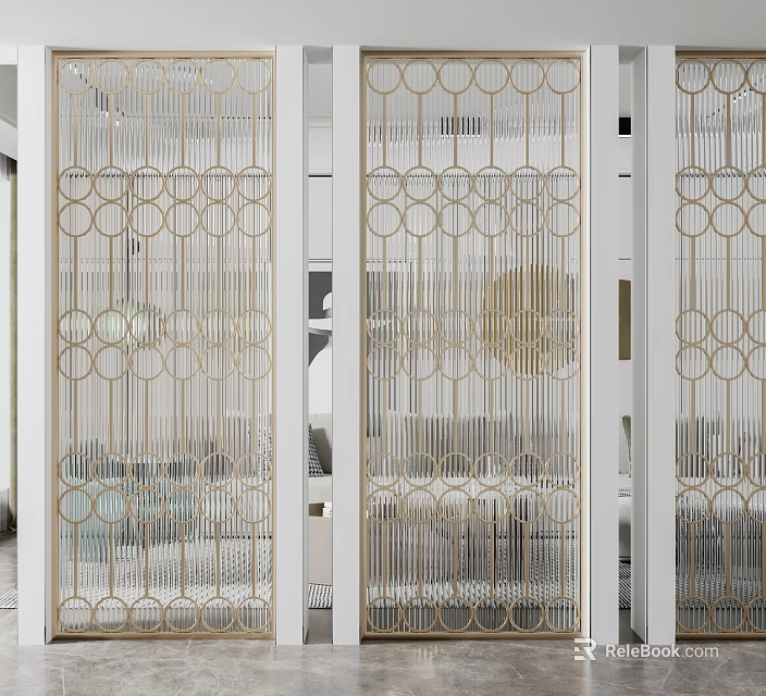 Elegant Modern Room Partition with Gold Circular Patterns and Metal Framework for Interior Design 3d model