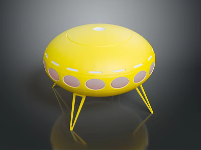Yellow Flying Saucer Shaped Object With Pink Circular Windows And Thin Legs On Black Background 3d model