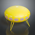Yellow Flying Saucer Shaped Object With Pink Circular Windows And Thin Legs On Black Background