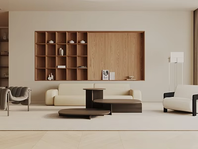 Modern Living Room Interior With Wooden Bookshelf Wall Beige Sofa And Black Coffee Tables 3d model