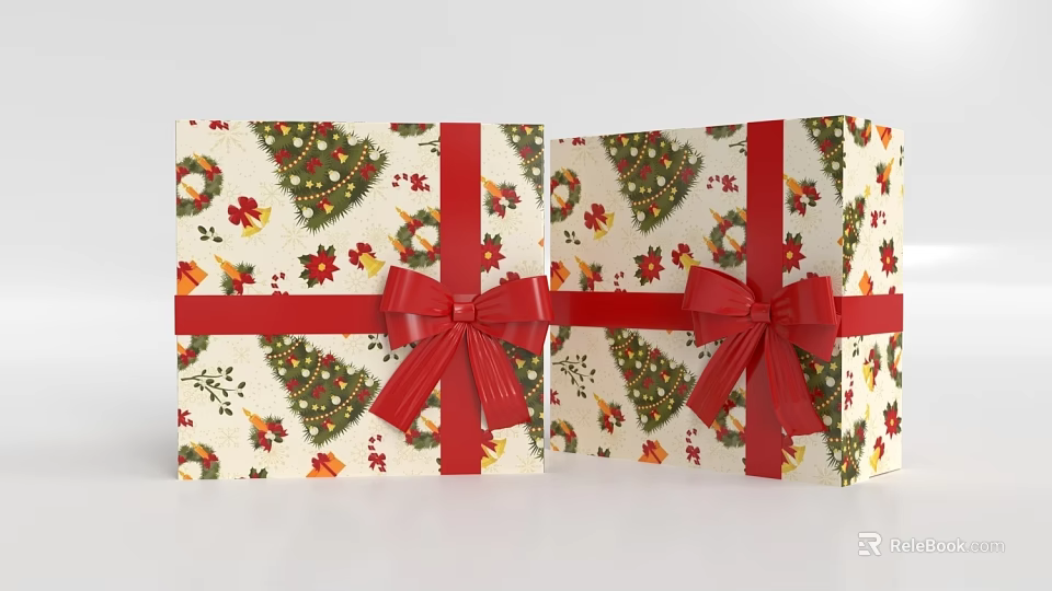 Festive Christmas Gift Boxes With Red Bows And Christmas Tree Wreath Patterns 3d model 