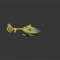Yellow Emergency Helicopter with Red Black Striped Rotors and Green Accents on Reflective Surface