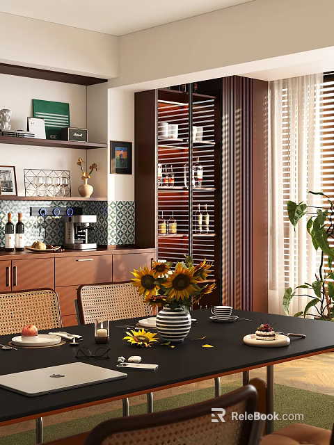 Modern Restaurant Interior With Wooden Blinds Sunflower Vase Wine Bottles And Coffee Machine 3d model 