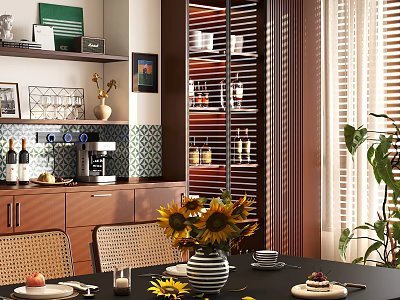 Modern Restaurant Interior With Wooden Blinds Sunflower Vase Wine Bottles And Coffee Machine 3d model